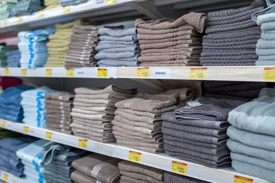 Folded cotton hand towels stacked on a shelf