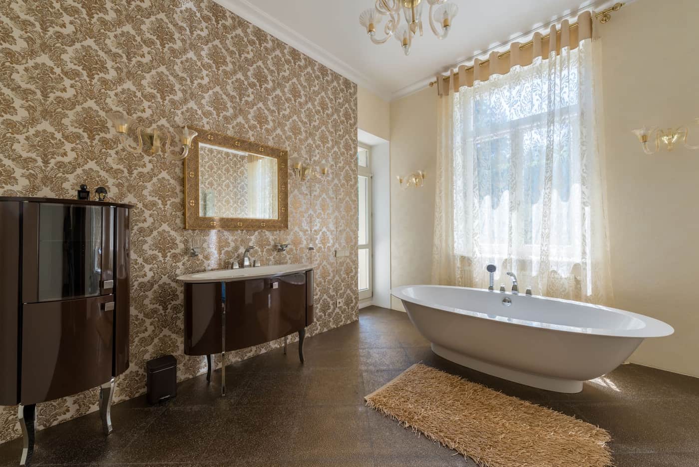 A functional bath mat and a decorative bathroom rug in one room