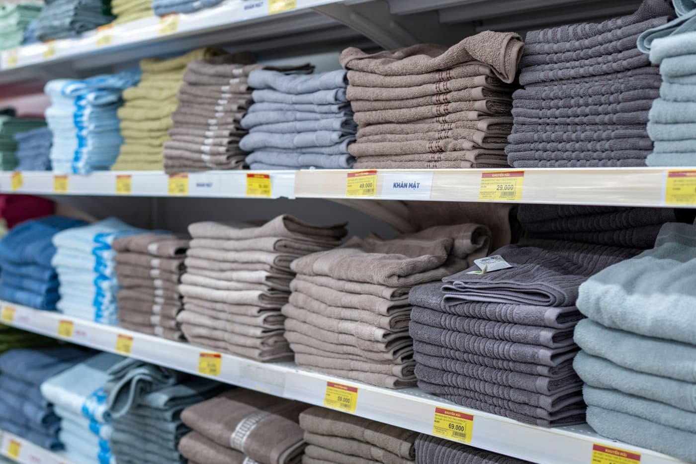 A stocked linen cupboard with folded towels on several shelves